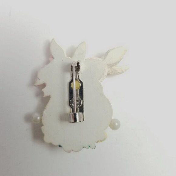 Vintage Cute Snuggle Bunnies Brooch, White and Floral Love Sweetheart Pin, Estat - Picture 3 of 6